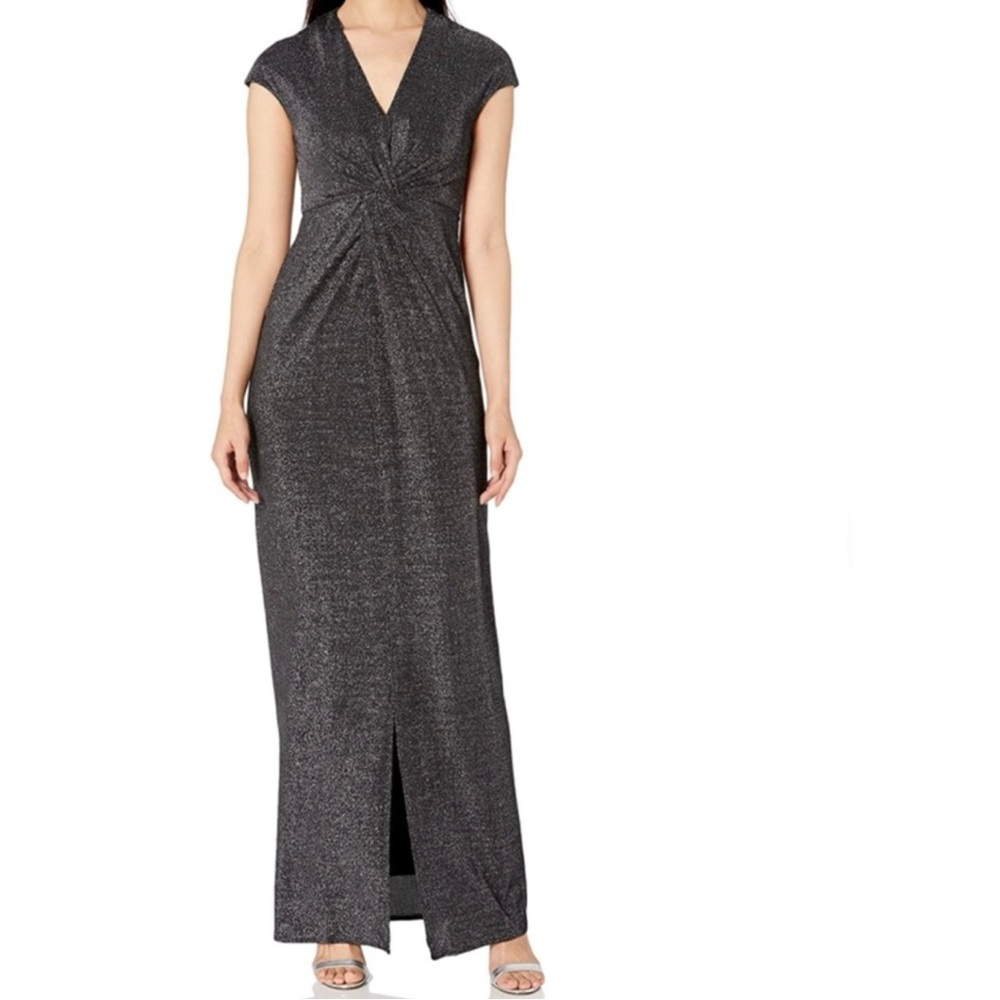 HALSTON HERITAGE Metallic Cap Sleeve V-Neck Jersey Gown Dress, Black & Silver
